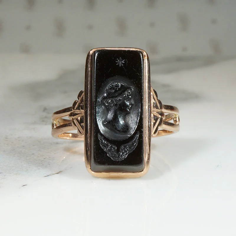 Ladies Cluster Rings -Mercury Onyx Intaglio in Rosy Gold Edwardian Ring