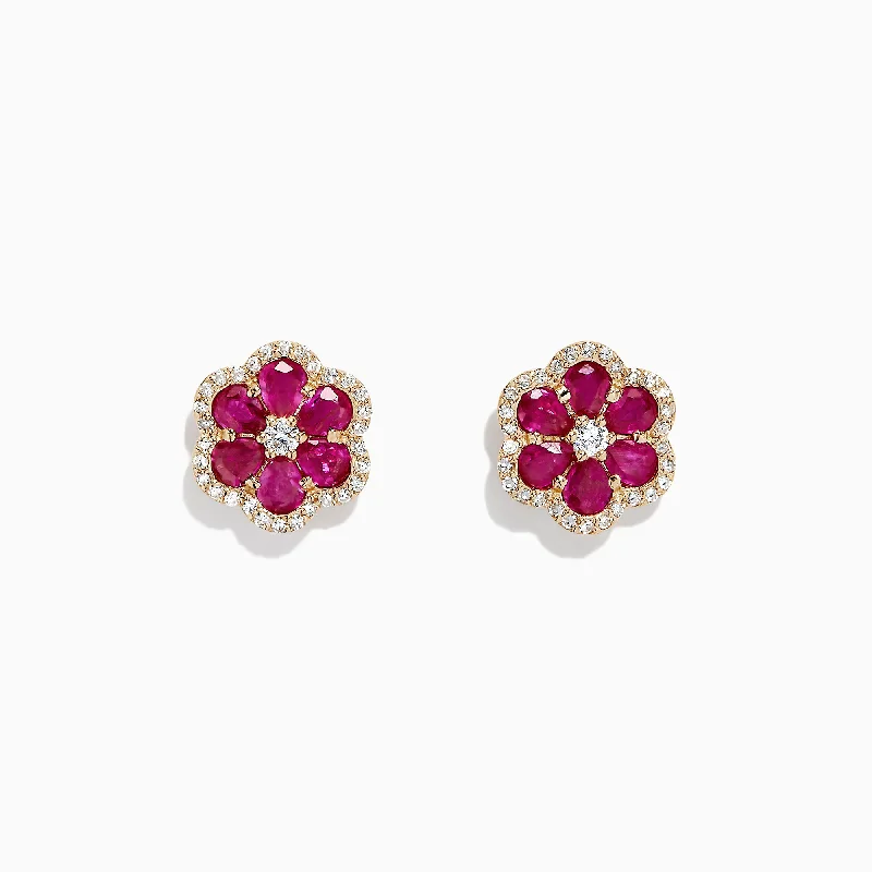 Ladies Earrings with Warm Opal-Ruby Royale 14K Yellow Gold Ruby Flower Stud Earrings, 3.18 TCW