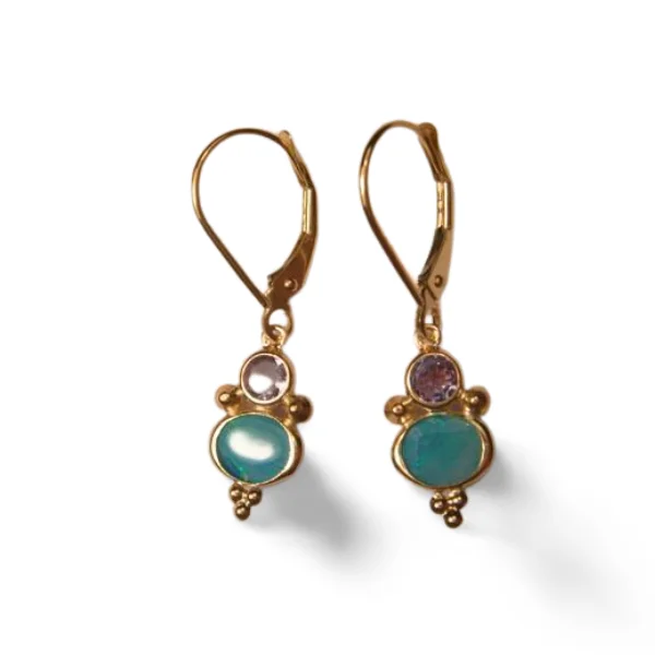 Ladies Earrings with Tree Shine-Lovely 14K Yellow Gold Blue Opal Tanzanite Dangle Drop Designer Earrings