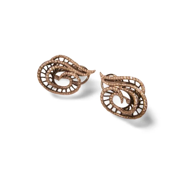 Ladies Earrings with Bronze Enstatite-Magnificent Italian Designer Odelia 18K White Gold Diamond Swirl French Clip Earrings