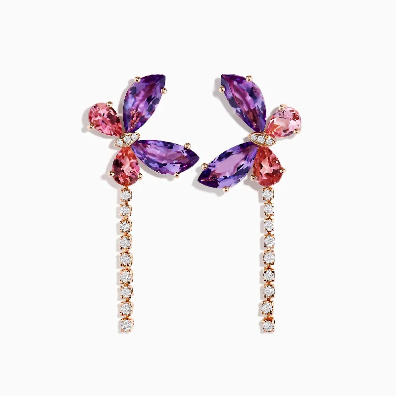 Ladies Earrings with Gold Milarite-14K Rose Gold Multi-Stone and Diamond Butterfly Drop Earrings