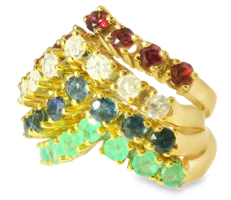 Ladies Gemstone Rings -Stunning Estate 14K Diamond Ruby Emerald Sapphire Stacking Set Bands Rings