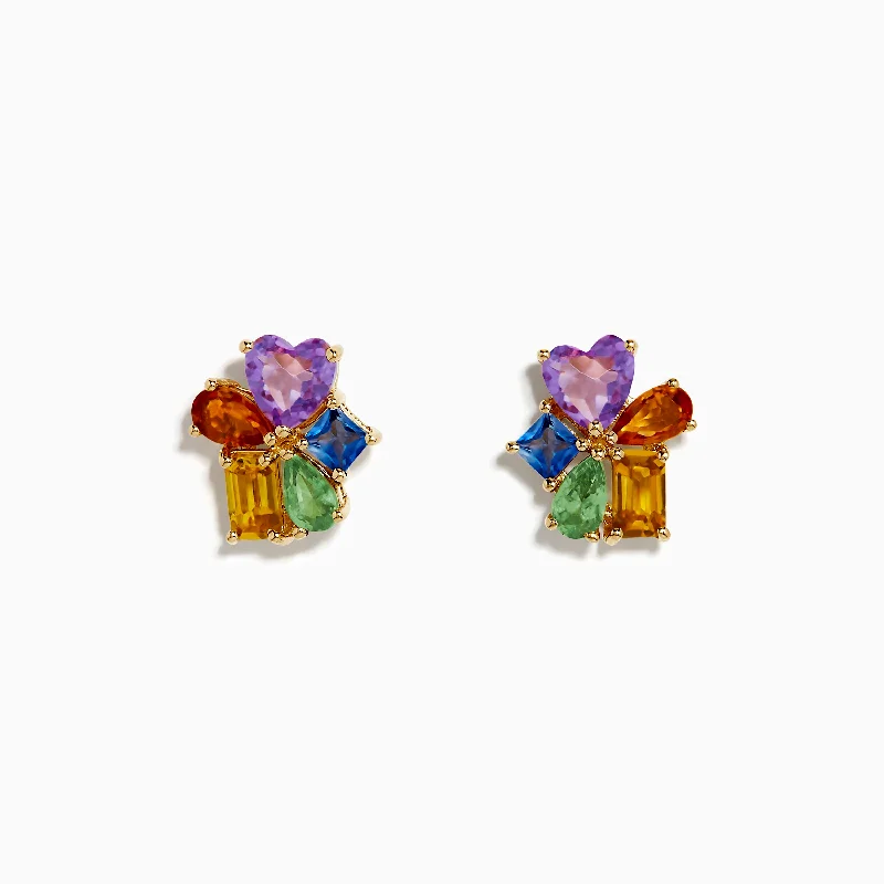 Ladies Earrings for Niece Glow-14K Yellow Gold Multi Color Sapphire and Pink Amethyst Cluster Earrings