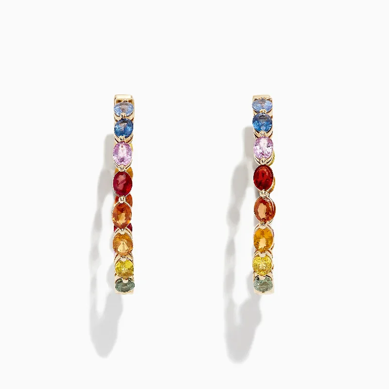 Ladies Earrings with Bloom Spark-Watercolors 14K Yellow Gold Multi Sapphire 1" Hoop Earrings, 6.18 TCW