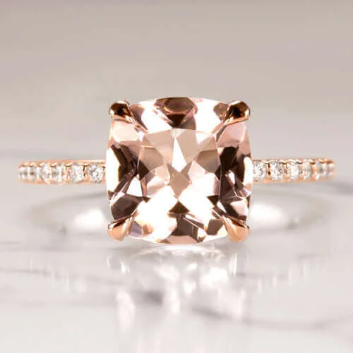 Ladies Engagement Rings Oval Glow-2.6c CUSHION PINK PEACH MORGANITE NATURAL DIAMOND ENGAGEMENT RING PAVE ROSE GOLD