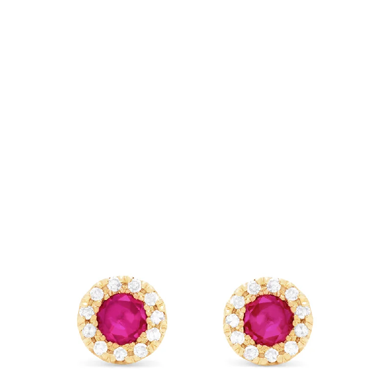 Ladies Earrings with Green Clinozoisite-Ruby Royale 14K Yellow Gold Round Diamond Halo Ruby Stud Earrings, 0.47 TCW