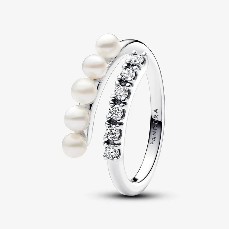 Ladies Positive Rings -PANDORA : Treated Freshwater Cultured Pearls & Pavé Open Ring - Sterling Silver