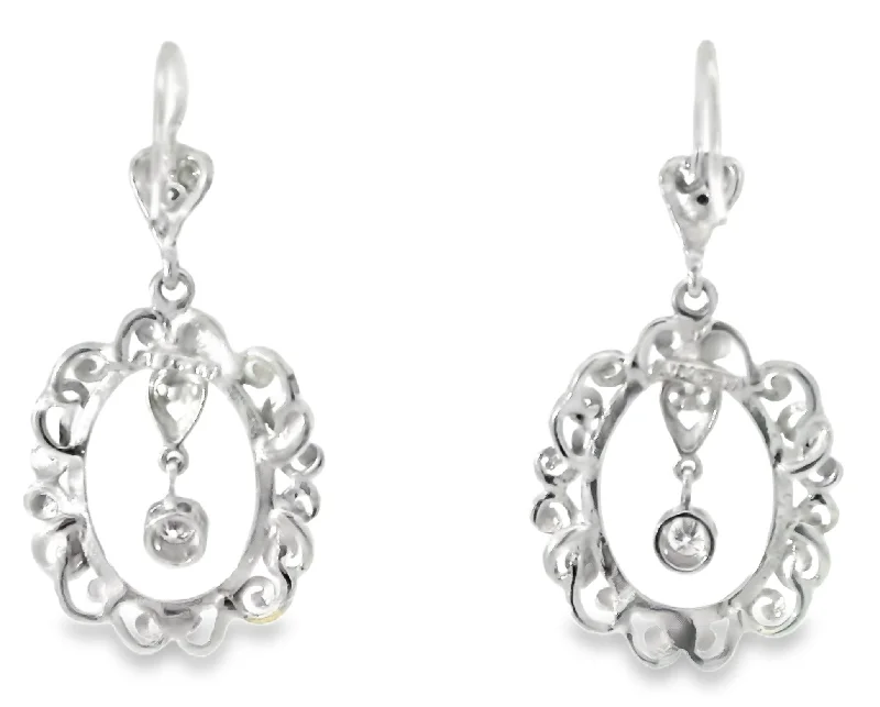 Ladies Earrings with Bloom Spark-Antique Estate 14K White Gold Diamond Dangle Drop Earrings