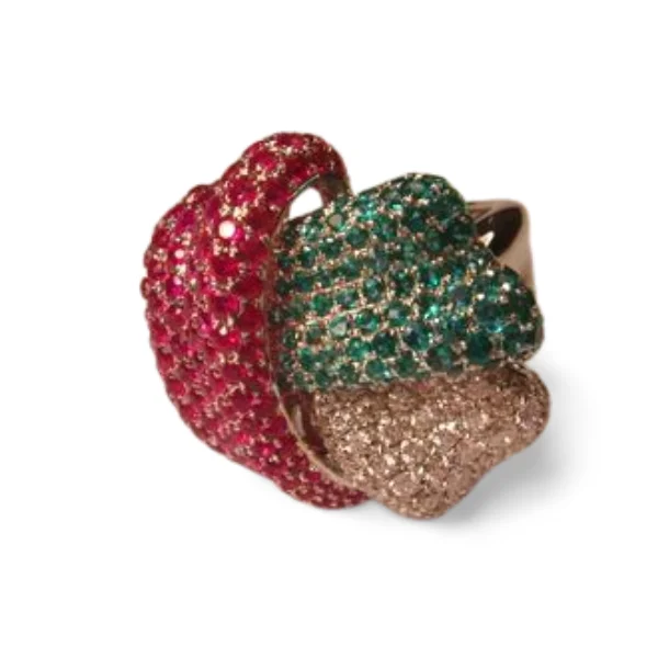 Ladies Soft Rings -Gorgeous 18K White Gold Diamond Emerald Ruby Knot Band Ring