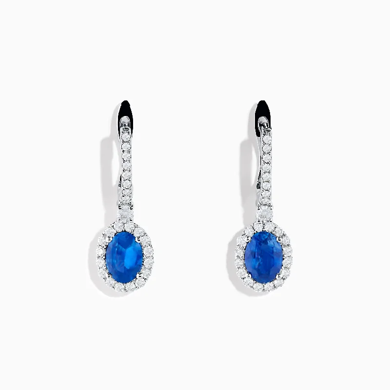 Ladies Earrings for Nurse Shine-14K White Gold Oval Blue Sapphire and Diamond Drop Earrings