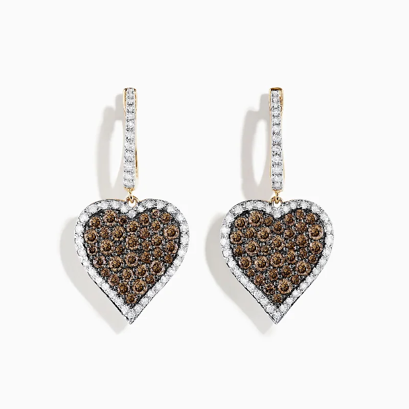 Ladies Earrings for Bestie Spark-14K Yellow Gold Espresso and White Diamond Heart Earrings