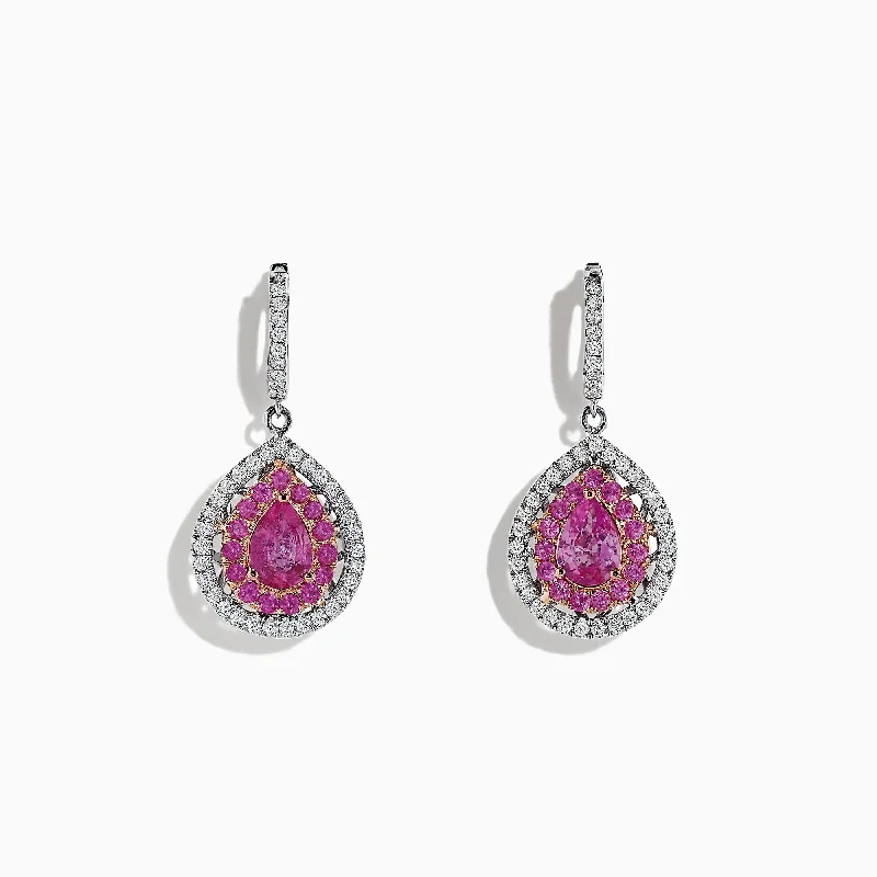 Ladies Earrings for Travel Spark-14K Two Tone Gold Pink Sapphire and Diamond Drop Earrings, 2.73 TCW