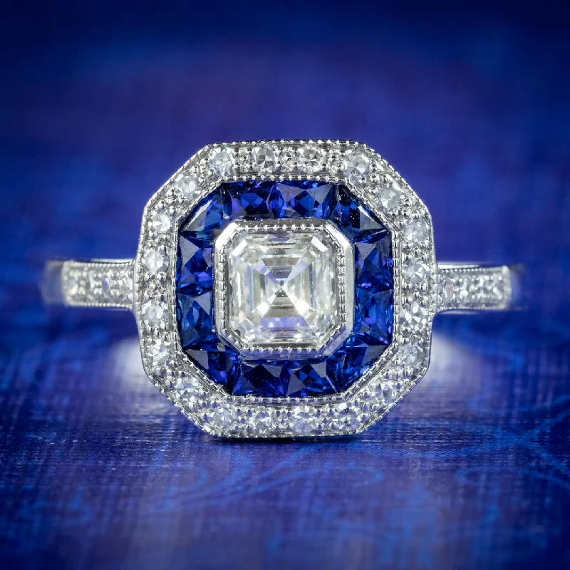 Ladies Motivational Rings -Art Deco Style Sapphire Diamond Cluster Ring 18ct Gold 0.70ct Of Diamond