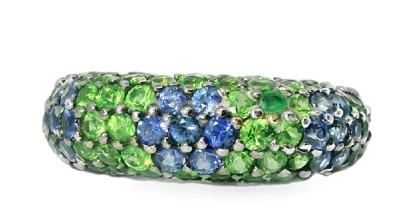 Ladies Puzzle Rings -Gorgeous 18K White Gold Sapphire Tsavorite Green Garnet Cigar Flower Band Ring