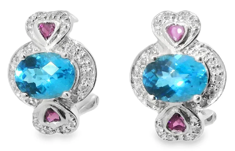 Ladies Earrings with Star Drops-Beautiful Estate 14K White Gold Blue Topaz Garnet Diamond Heart Earrings