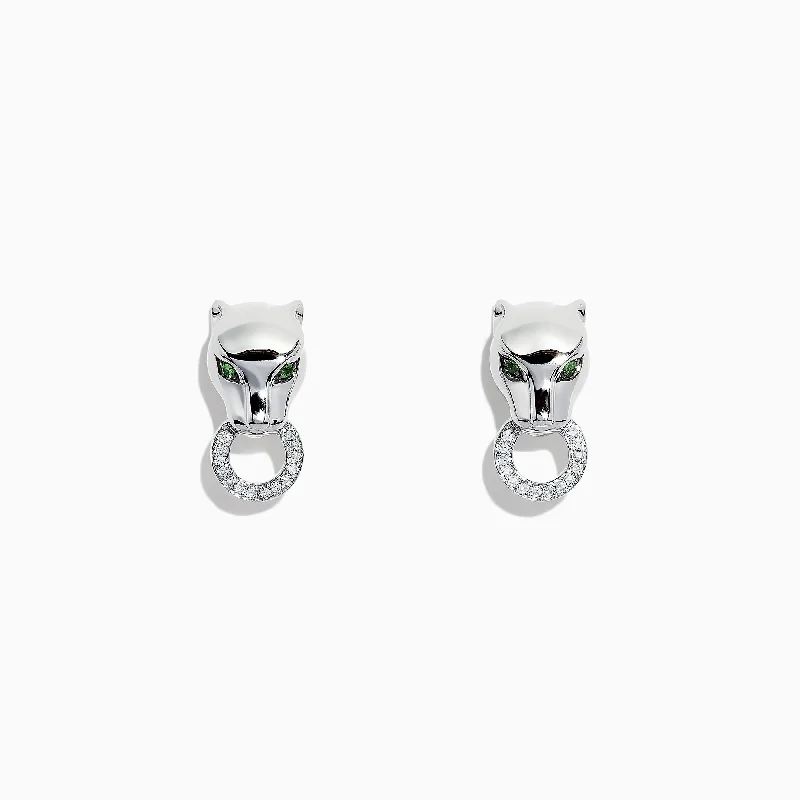 Ladies Earrings for Youth Spark-Signature Sterling Silver Diamond and Tsavorite Panther Stud Earrings, 0.16 TCW