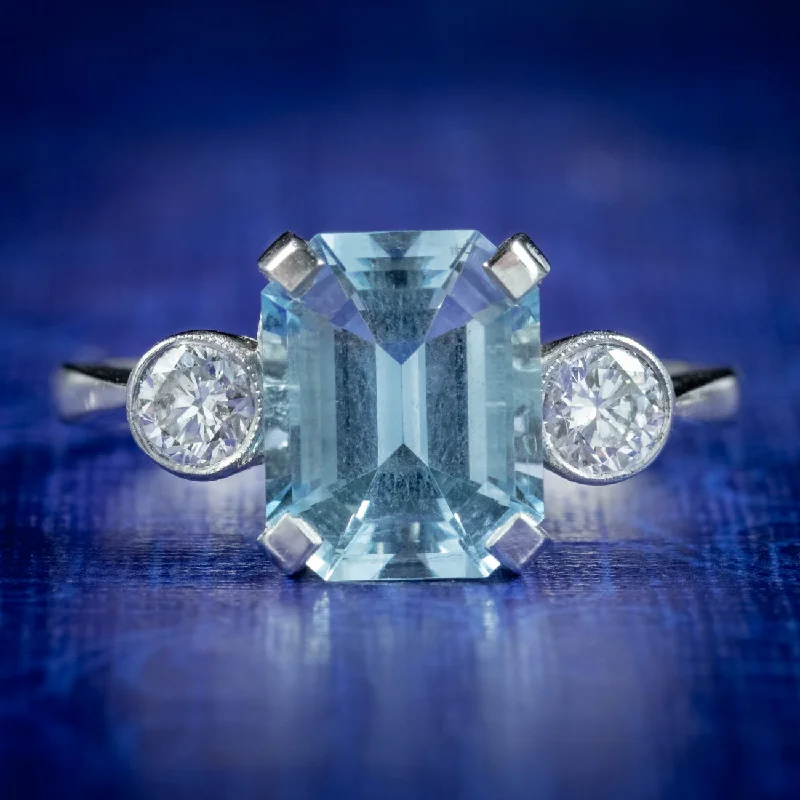 Ladies Amethyst Rings -Art Deco Style Aquamarine Diamond Trilogy Ring 3ct Aqua