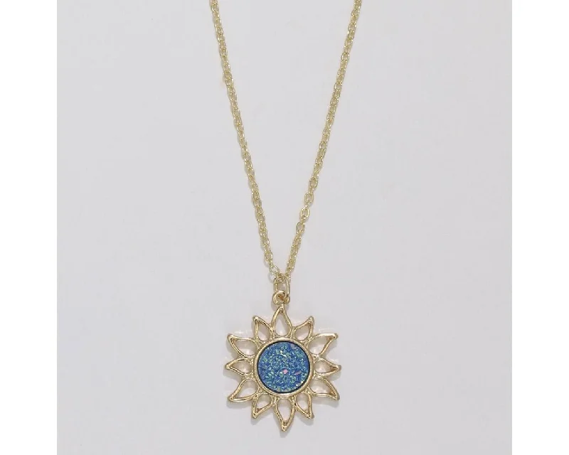 Ladies Narrow Rings -Periwinkle by Barlow : Gold Sun with glittering Blue Druzy - Necklace