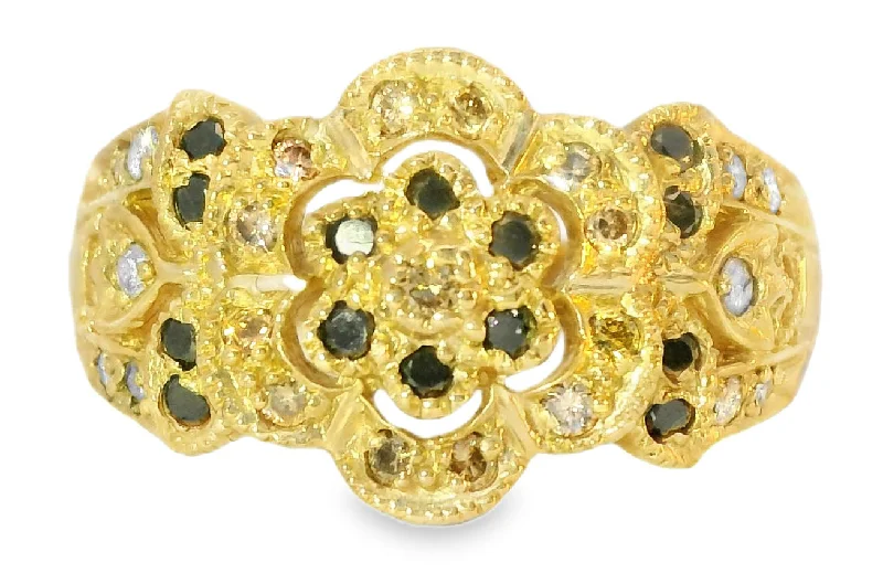 Ladies Agate Rings -Beautiful Estate 14K Yellow Gold Filigree Black Brown Diamond Floral Band Ring