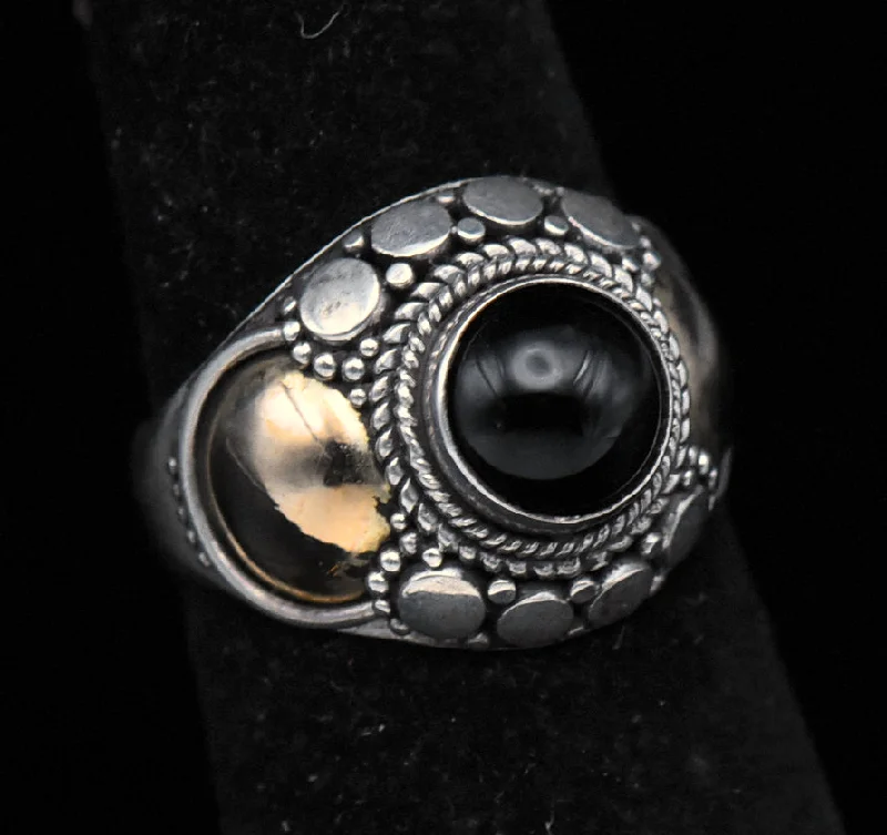 Ladies Quiet Rings -Vintage Handmade Sterling Silver and Gold Black Onyx Ring - Size 4