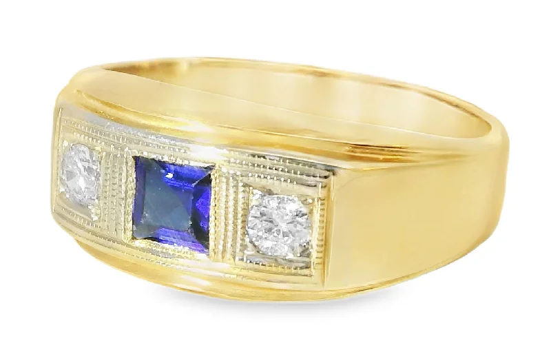 Ladies Confidence Rings -Antique 14K Two-Tone Gold Sapphire Diamond 3-Stone Unisex Band Ring