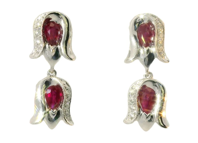 Ladies Earrings with Sun Shine-Elegant Estate 14K White Gold Ruby Diamond Tulip Dangle Earrings