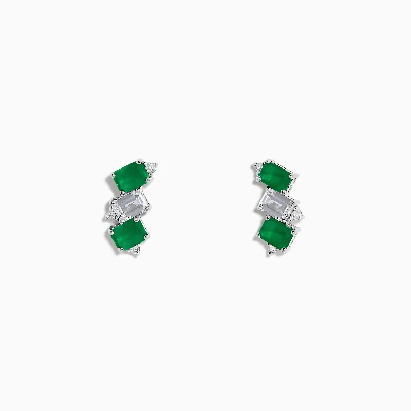 Ladies Earrings with Leaf Studs-14K White Gold Emerald, White Sapphire, and Diamond Stud Earrings