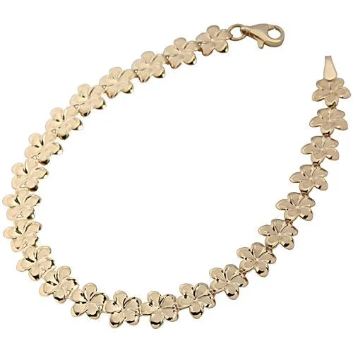 Ladies Enchanted Forest Bracelets -14K Yellow Gold Plumeria Link Bracelet Sandblast Polish Edge 8mm/10mm