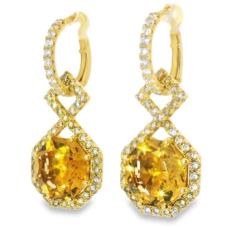 Ladies Earrings with Pink Vivianite-Magnificent Estate 18K Cordova Gold Diamond Citrine Dangle Drop Earrings