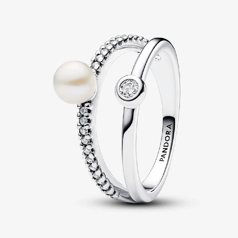 Ladies Healing Rings -PANDORA : Treated Freshwater Cultured Pearl & Pavé Double Band Ring - Sterling Silver