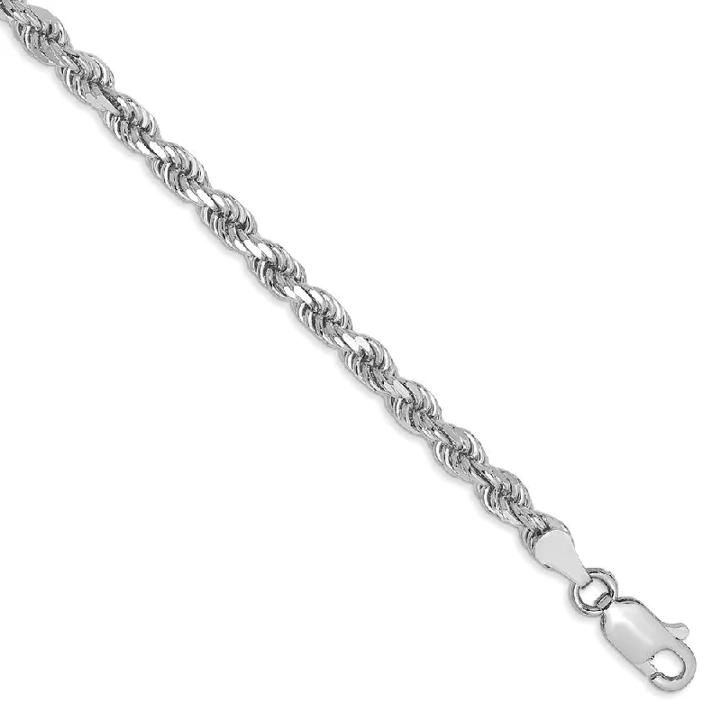 Ladies Sterling Silver Bracelets -14k White Gold 3.5mm D/C Solid Rope Chain Bracelet or Anklet, 9 Inch