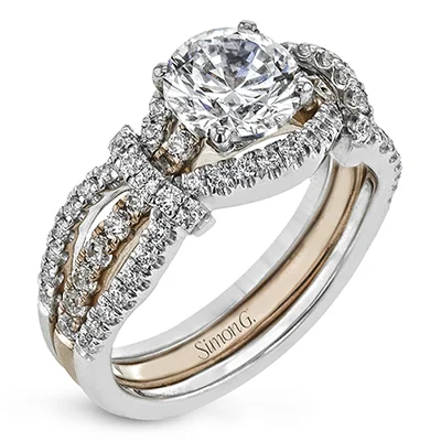 Ladies Engagement Rings with Vivianite Shine-Round-cut Split-Shank Engagement Ring & Matching Wedding Band in 18k Gold with Diamonds MR3005