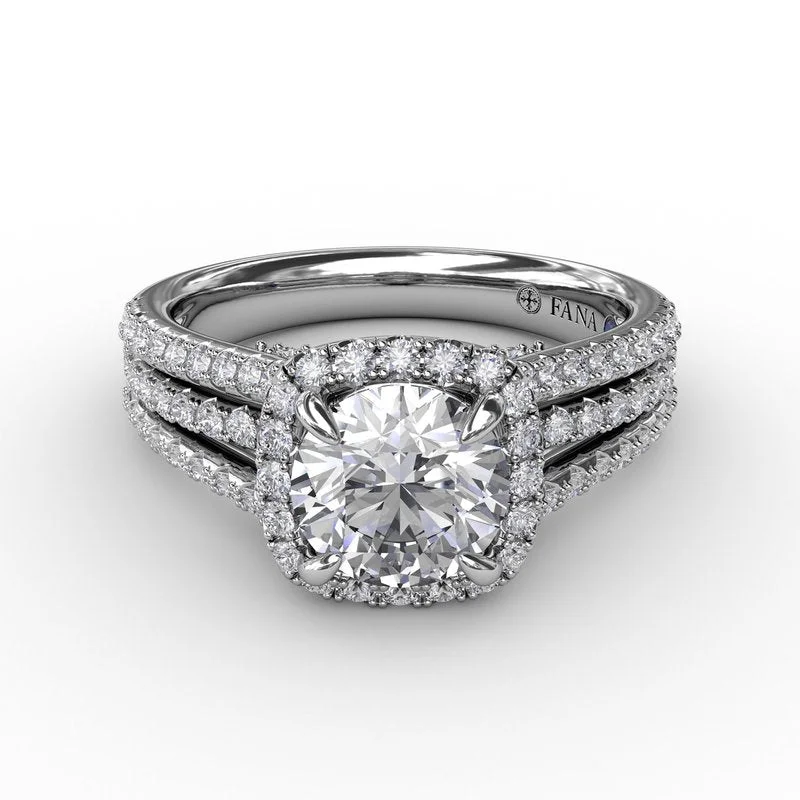 Ladies Engagement Rings with Lawsonite Shine-Cushion-Shaped Diamond Halo Engagement Ring With Triple-Row Diamond Band S3315