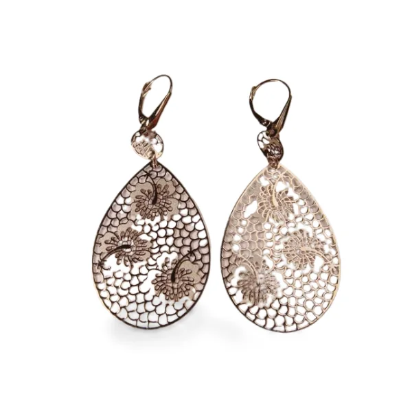 Ladies Earrings with Angel Shine-Elegant 14K White Gold Delicate Filigree Floral Dangle Drop Earrings