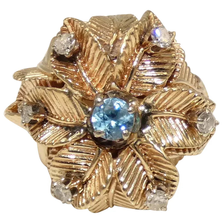 Ladies Dragon Rings -14K Gold Custom Flower Ring with Diamonds & Aquamarine