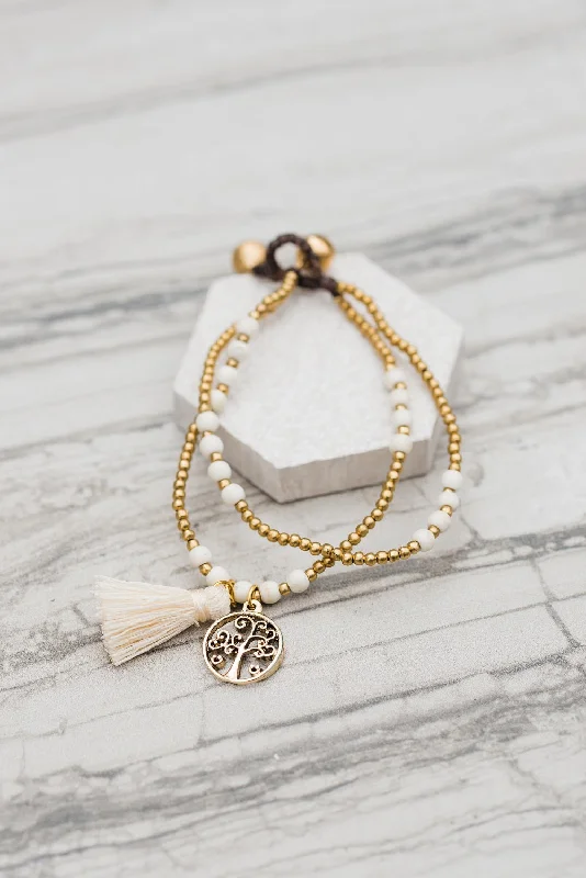 Ladies Ultra-Minimal Bracelets -Double White Howlite Tassel Bracelet