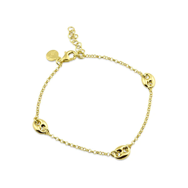 Ladies Uneven Design Bracelets -Silver 925 Gold Plated Puffed Mariner Charm Lariat Bracelet