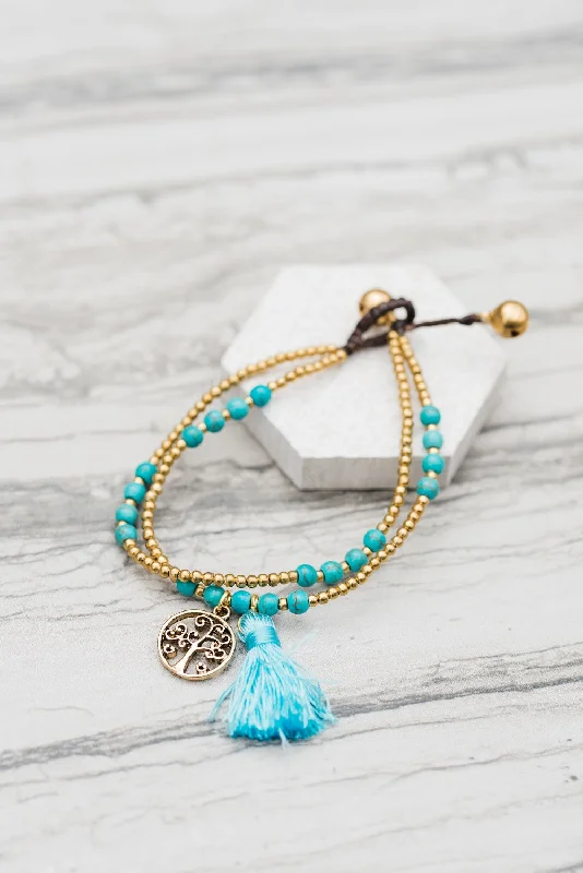 Ladies Dog Bone Bracelets -Double Turquoise Tassel Bracelet