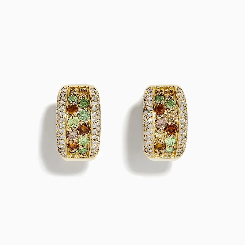 Ladies Earrings Curved Shine-14k Yellow Gold Multi Color Diamond Huggie Earrings