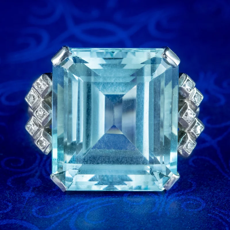 Ladies Spring Rings -Art Deco Aquamarine Diamond Cocktail Ring 25ct Aqua