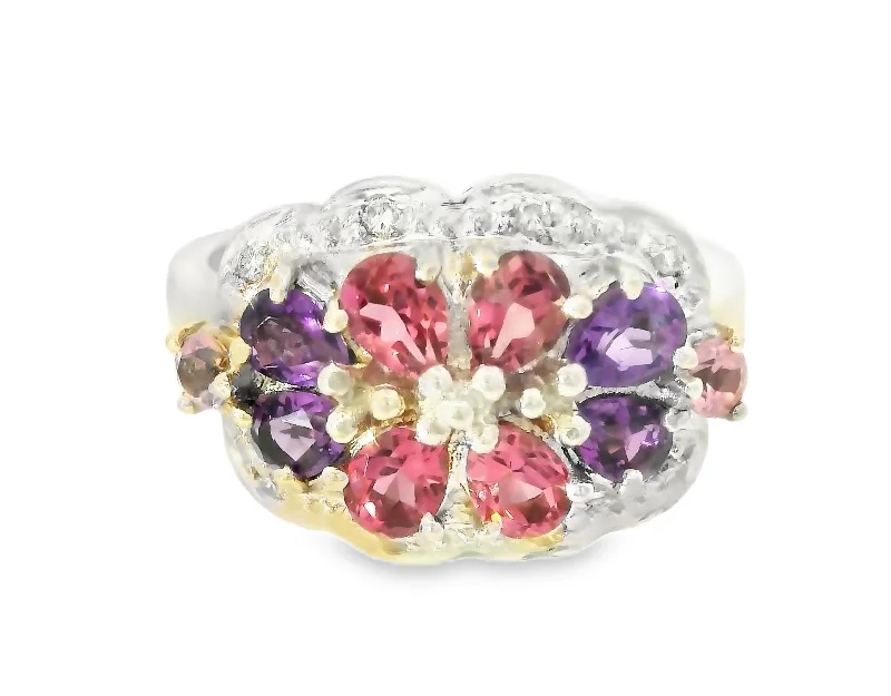 Ladies Trendy Rings -Stunning Estate 14K White Gold Diamond Tourmaline Amethyst Floral Ring Band