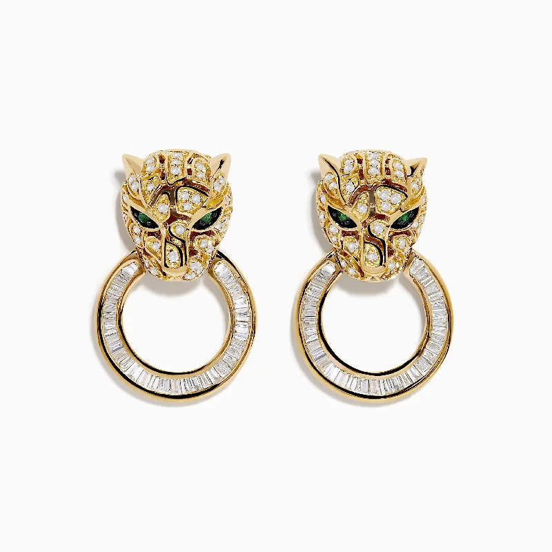 Ladies Earrings for Artist Shine-Signature 14K Yellow Gold Diamond and Emerald Panther Earrings