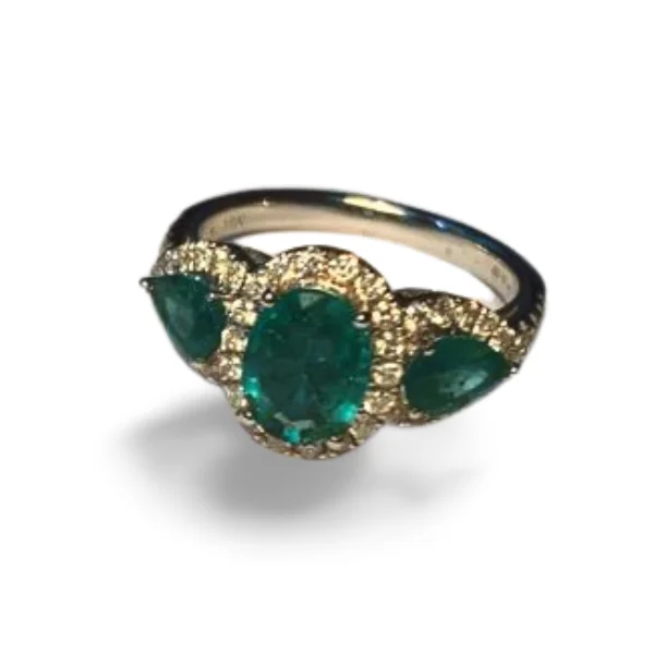 Ladies Hippie Rings -Magnificent 18K White Gold 3-Stone Emerald Diamond Anniversary Band Ring