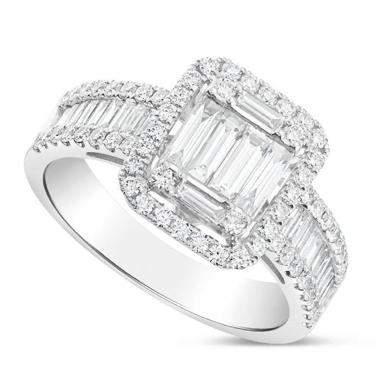 Ladies Engagement Rings Modern Shine-18K White Gold 1.16ct Square Baguette Diamond Cluster Engagement Ring