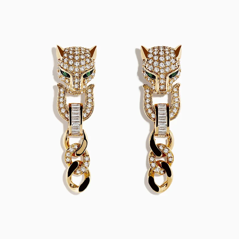 Ladies Earrings with Pure Okenite-Signature 14K Yellow Gold Diamond and Emerald Panther Earrings